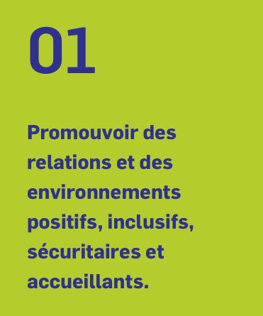 01 Promouvoir des relations et des environnements positifs, inclusifs, sécuritaires et accueillants. 01 Promouvoir des relations et des environnements positifs, inclusifs, sécuritaires et accueillants.