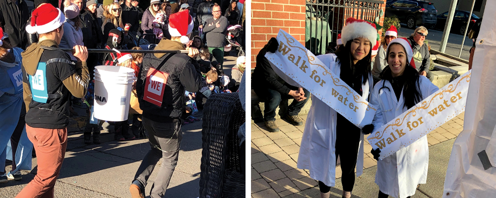 Left: students wearing Santa hats walk with a bucket of water hanging from a pole between them. Right: Students in lab coats hold "Walk for water" signs.